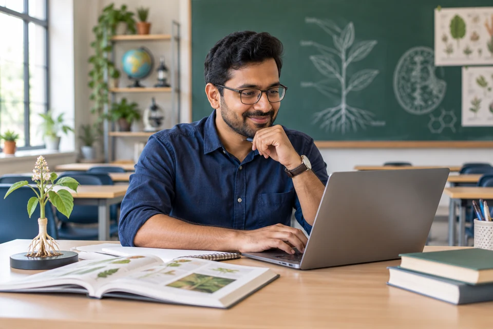 Teacher preparing a digital lesson in a classroom