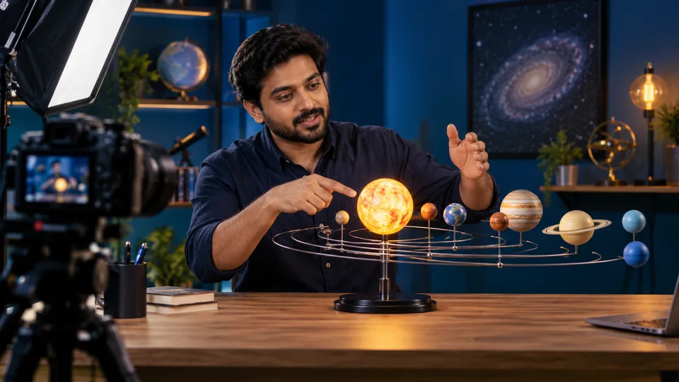 Science educator recording a lesson with a solar-system model