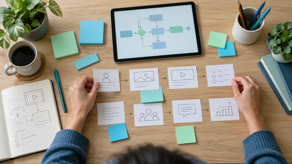 Storyboard cards and learning plans arranged on a designer’s desk