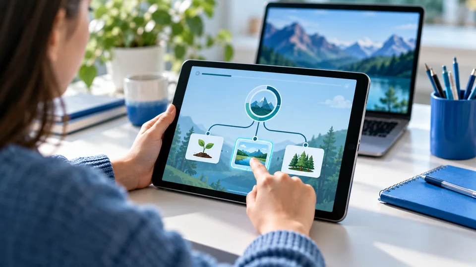 Learner using an interactive activity on a tablet