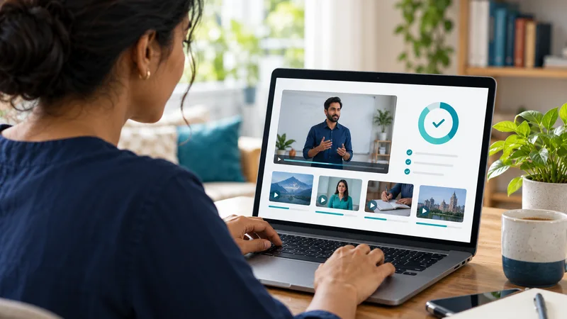 Professional exploring an online course on a laptop