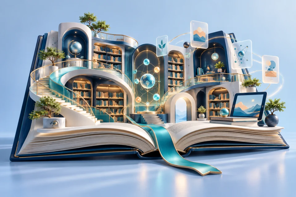 An open book transformed into a digital knowledge library