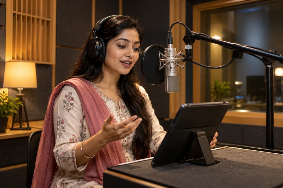 Voice artist recording educational narration