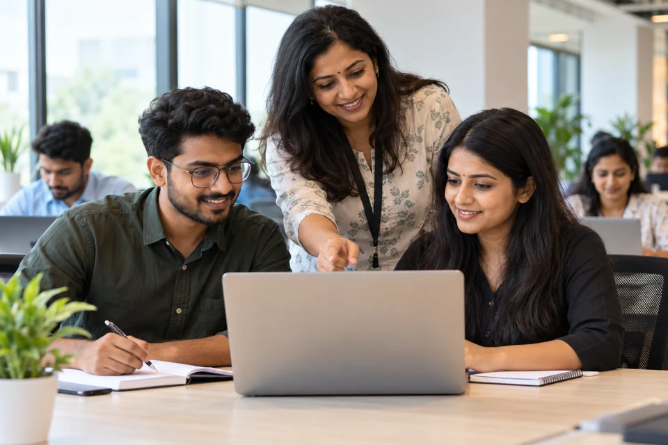 Colleagues learning together in an employee training workshop